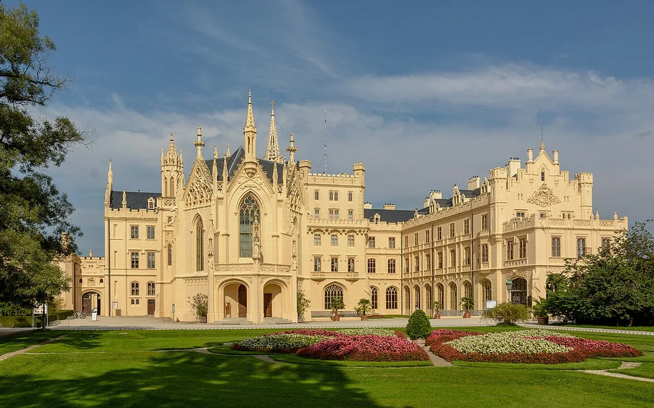 Lednice Chateau's neo-Gothic facade above its formal flowerbeds