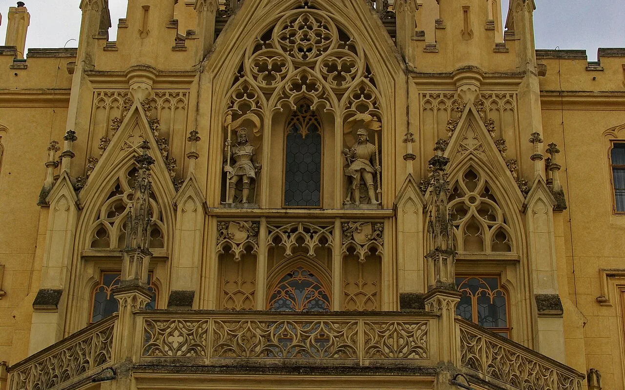 Carved neo-Gothic stonework over the chateau entrance